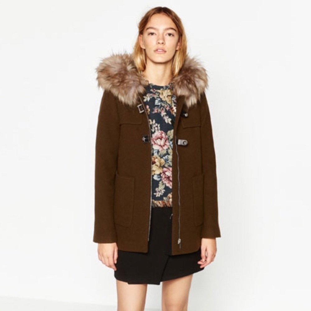 Zara Woman Wool Coat Faux Fur Hood